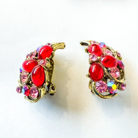 Weiss Butterfly Gold Tone Pink Rhinestones Red Cabochon Brooch & Clip-On Earring - Picture 3 of 8
